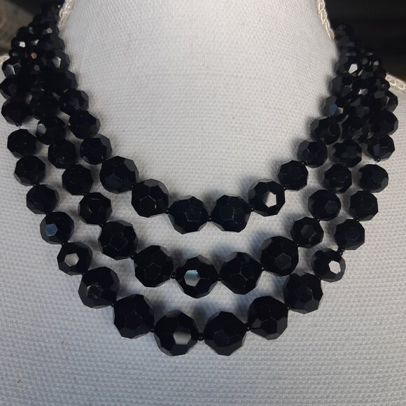 1950s Boucher 3 Strand Jet Black Round Faceted Crystal Vintage Necklace - Picture 1 of 9